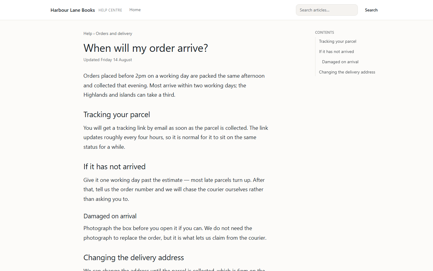 A help article about when an order will arrive, with headings and a contents list beside it.