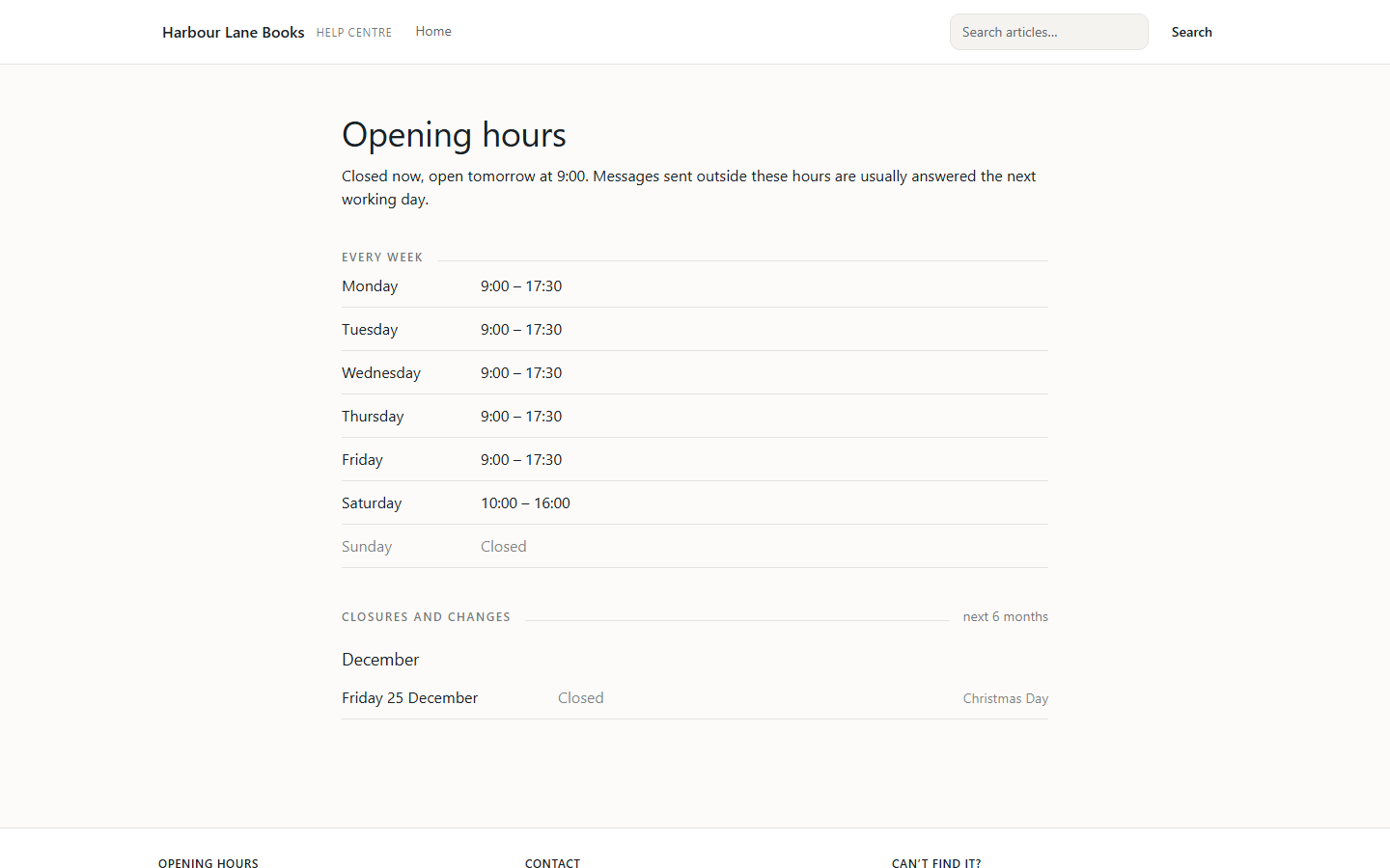 The opening hours page: closed now and open tomorrow at 9:00, the hours for each day of the week, and Christmas Day listed as a closure.