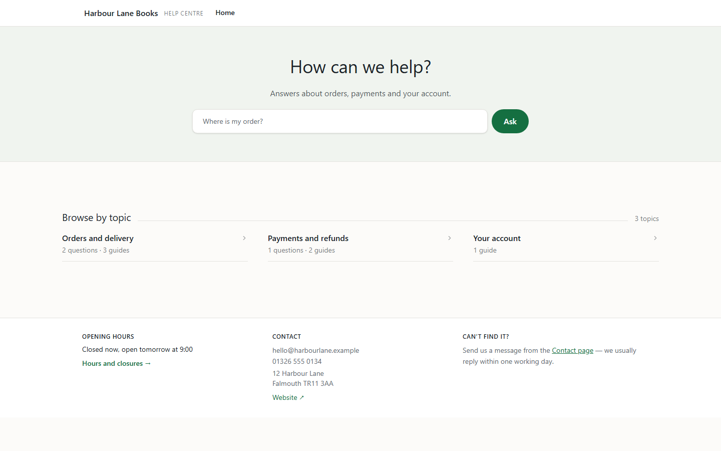 A business's help centre home: a search box asking how it can help, topics to browse, opening hours and contact details.