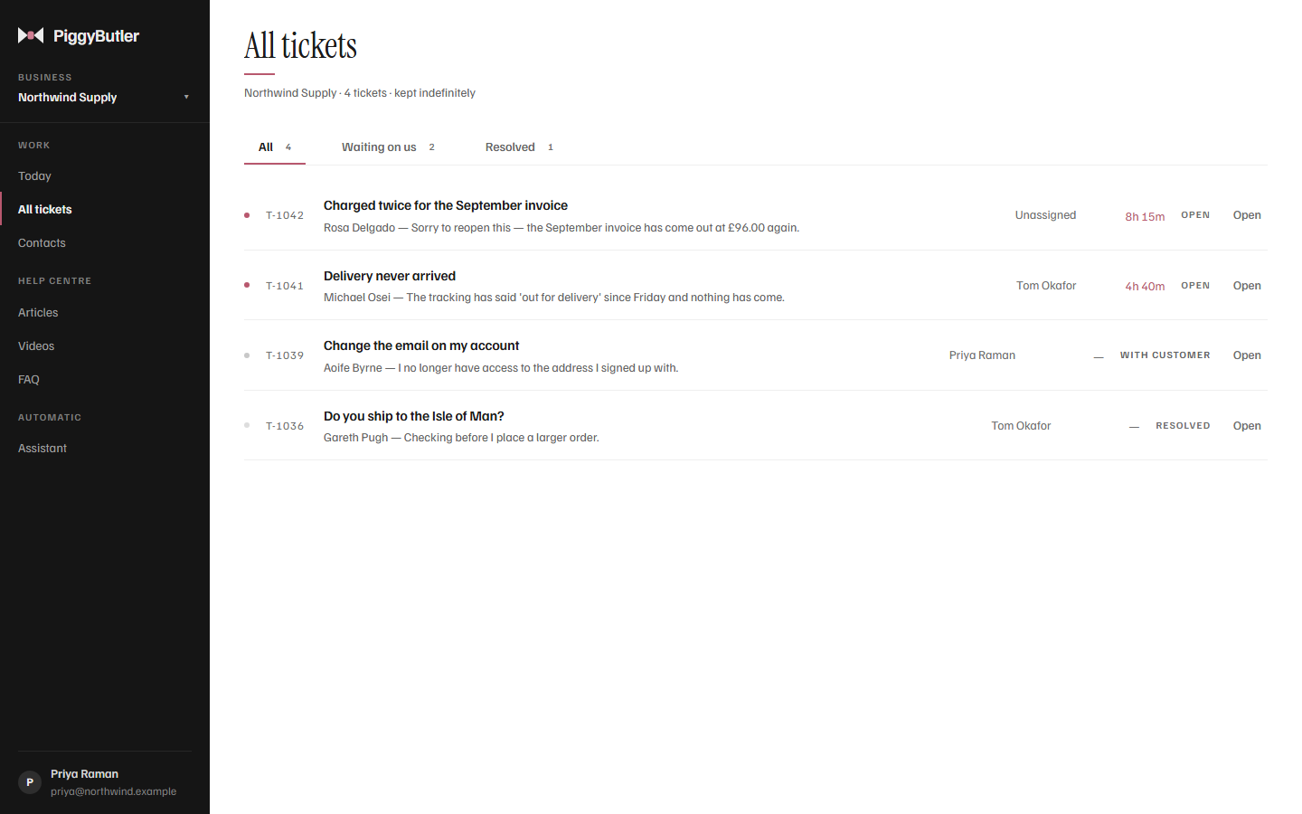 All tickets: four customer conversations with who is handling each, how long the customer has waited, and whether it is open, with the customer, or resolved.