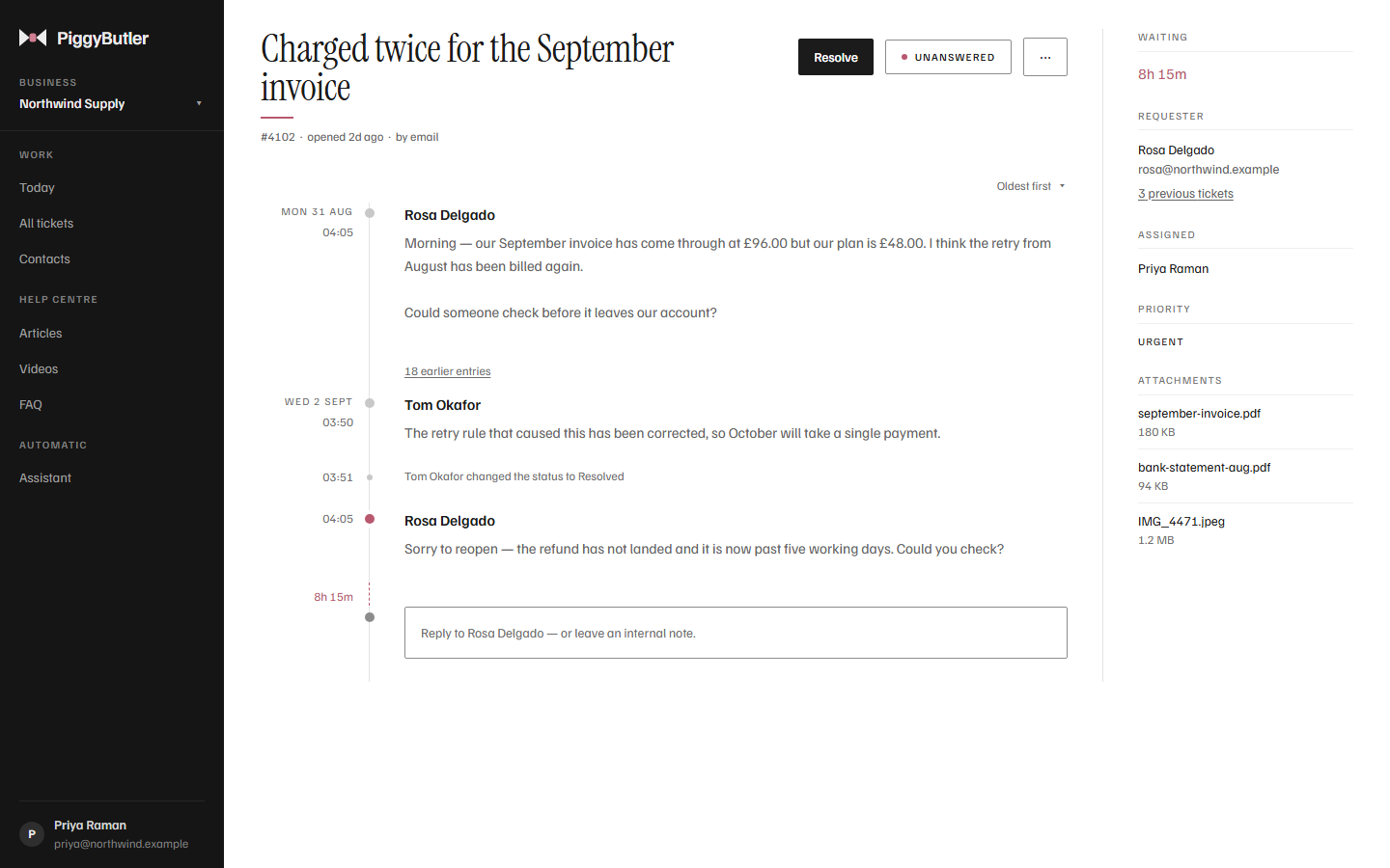 A ticket: the customer's messages and the team's reply in order, with how long the customer has waited, who is assigned, the priority, and the attached files.